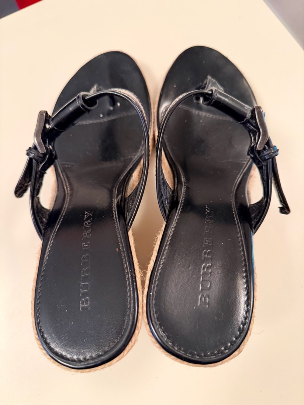 Burberry Wedge Sandals |Black Patent Leather Nova Check Strap Espadrille Size 8 - Picture 5 of 10